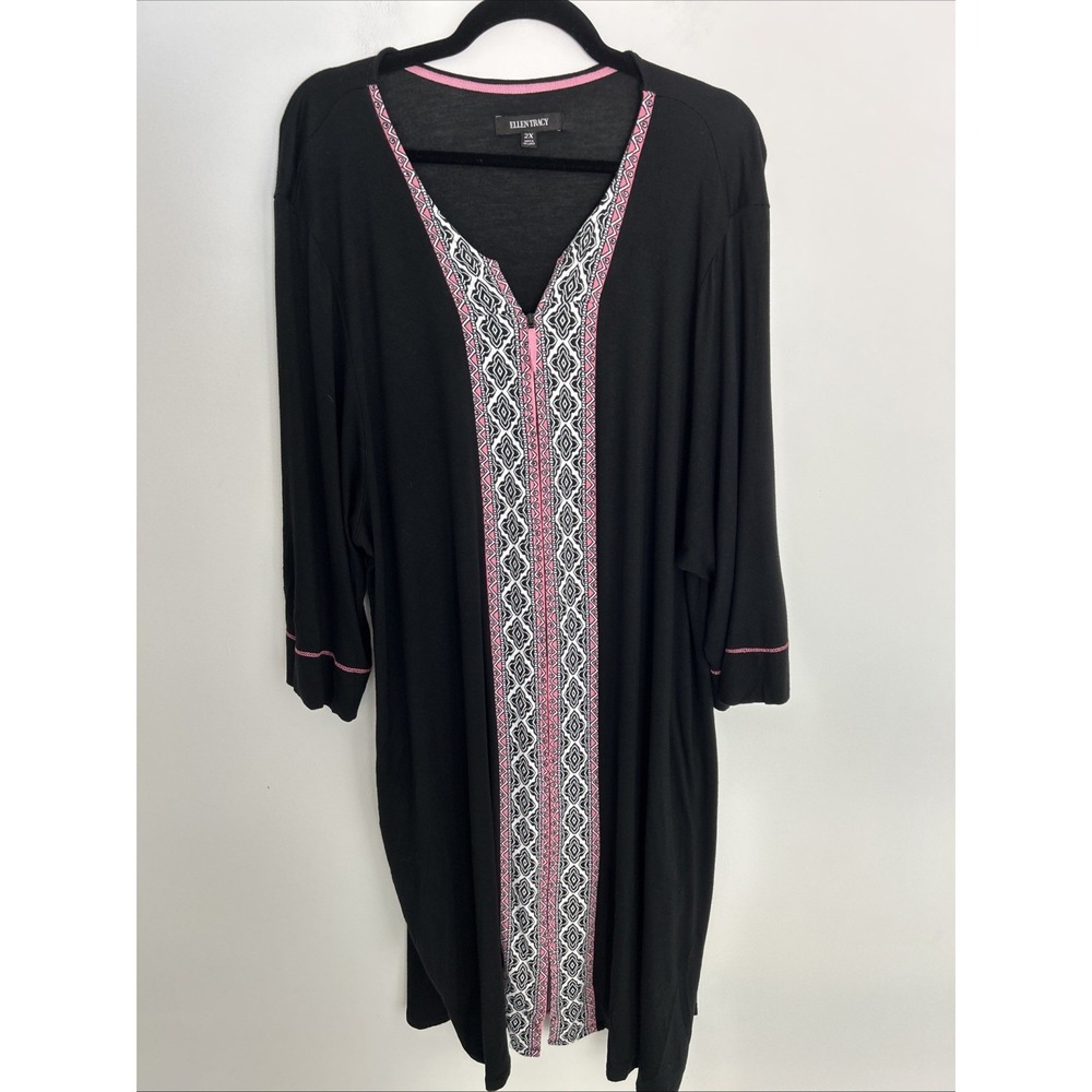 Ellen‎ Tracy 2X Lounge Black/Pink Geometric Print V-Neck Zip Up Nightgown Robe